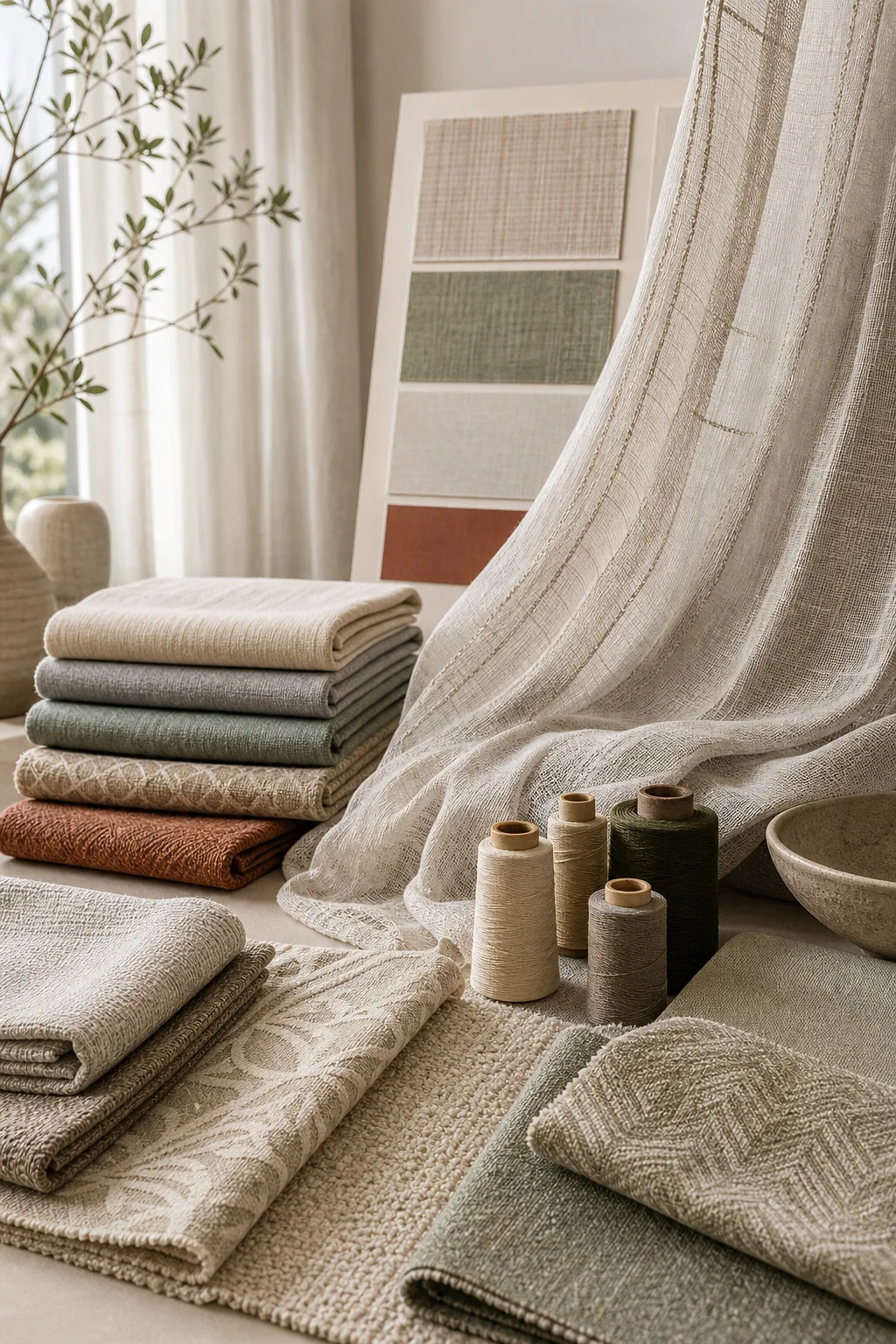 Curated curtain and upholstery fabric collection in a textile studio
